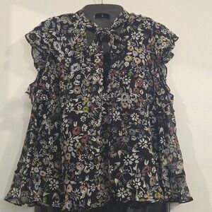 Rebecca Minkoff Black Sheer Floral Short Sleeve Blouse Cottage Core Whimsigoth